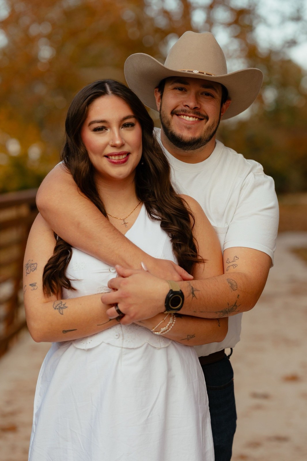 Couple embracing in warm autumn light